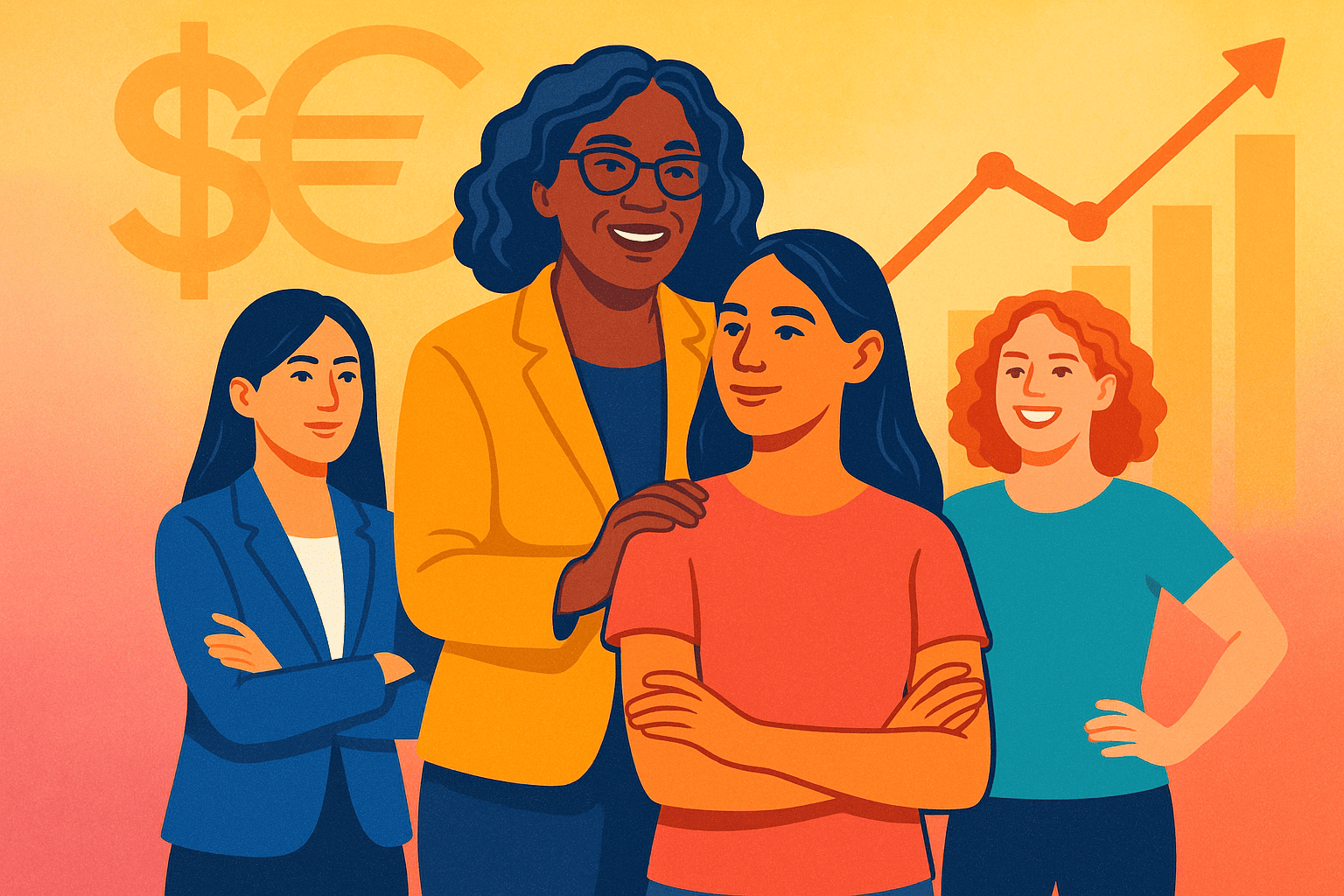 Women learning about finance with charts and symbols, representing understanding and growth in interest rates.
