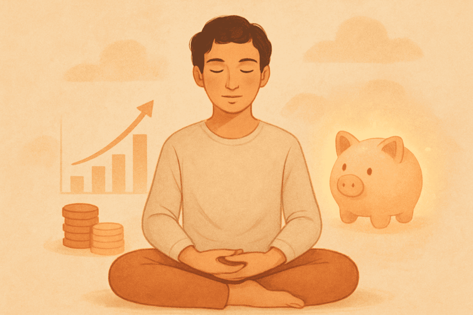 A serene image of a person meditating with subtle financial elements, symbolizing the peaceful balance achieved when managing financial stress for better mental and physical health.