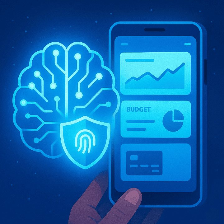 An illustrative image showing a digital brain icon next to a smartphone with a financial app on its screen. The image symbolizes the use of Artificial Intelligence (AI) for managing personal finance, budgeting, and credit cards.