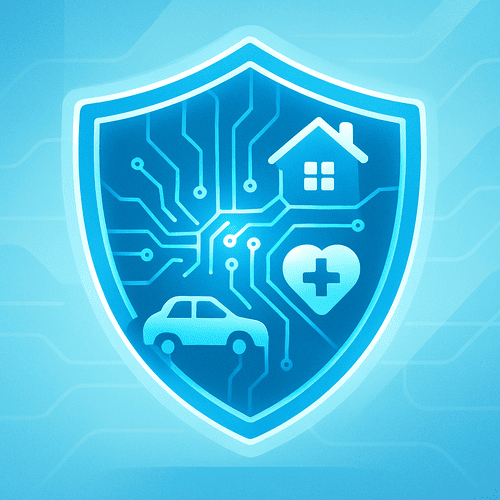 An illustrative image of a shield, symbolizing insurance, containing icons of a car, house, and health symbol. Digital lines connect them, representing how artificial intelligence is impacting various types of insurance coverage.