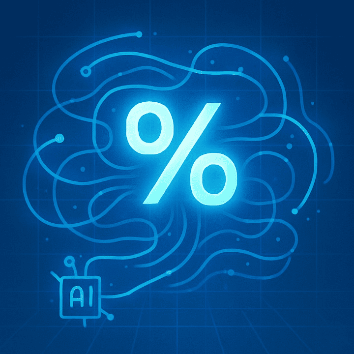 An illustrative image symbolizing AI's role in determining interest rates. A glowing percentage sign is fed by complex data streams managed by an AI icon, representing how technology personalizes rates for financing.