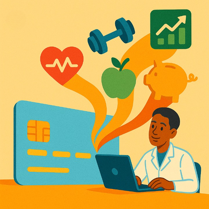 An illustrative image showing a credit card emitting a stream of positive icons, including a heart, a dumbbell, an apple, and a piggy bank. The image symbolizes how maximizing credit card rewards can contribute to personal health and financial well-being.