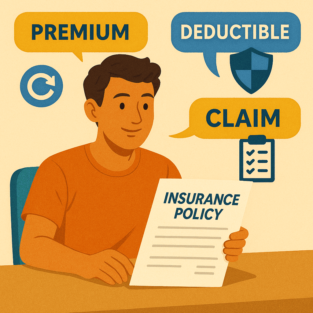 An illustrative image of a person confidently reviewing an insurance policy document. Key insurance terms like 'Premium,' 'Deductible,' and 'Claim' are highlighted with simple, clear icons, symbolizing the article's goal of demystifying insurance language and empowering readers in their personal finance journey.