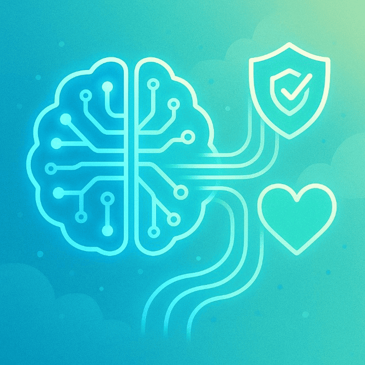 An illustrative image showing a digital brain connected to icons of a heart and a shield, symbolizing the intersection of artificial intelligence, health, and insurance. The modern design reflects the article's focus on technology and financial well-being.