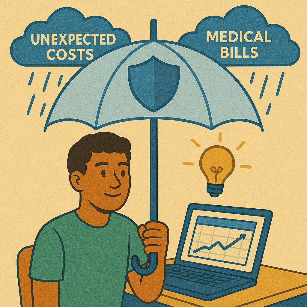 An illustrative drawing showing a person protected from storm clouds by a large umbrella. The umbrella represents financial protection through insurance, shielding them from unexpected expenses. The style is modern and reassuring, conveying the theme of financial security.