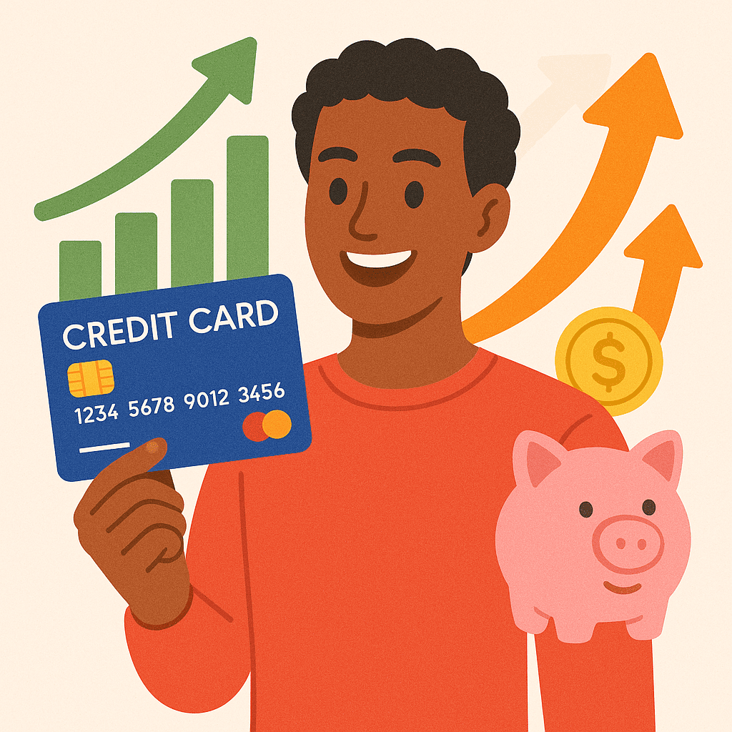 Illustration of smart credit card use with a person holding a credit card, surrounded by financial growth symbols like ascending charts, a piggy bank, and upward arrows, conveying financial empowerment and control.