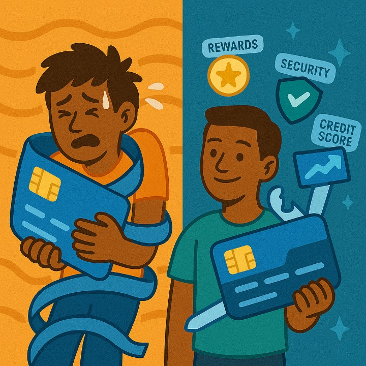 An illustrative cartoon comparing two ways of using a credit card. One person is stressed and entangled by a large card, while the other confidently holds a card that acts as a multi-tool for financial benefits. The image represents the theme of using a credit card wisely.