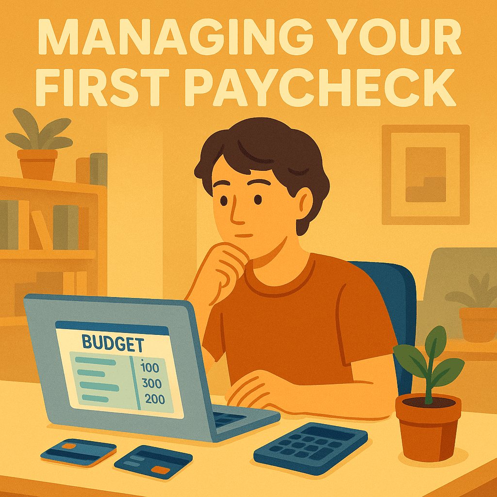 A young adult is seated at a clean, modern desk, attentively viewing a budget spreadsheet on a laptop. Various financial tools like bank cards and a calculator are neatly arranged on the desk, alongside a small plant symbolizing financial growth. The background suggests a calm, organized home office environment, reflecting the article's focus on practical financial management for beginners handling their first paycheck.