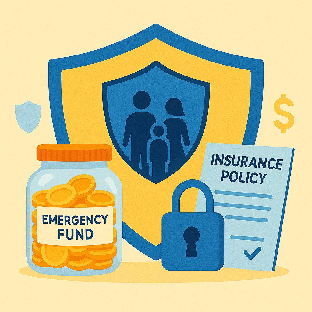 A symbolic illustration of financial protection. A sturdy, glowing shield is formed from elements like a glass jar labeled "Emergency Fund" brimming with coins, a document representing an insurance policy, and a digital padlock, all safeguarding the silhouette of a small family. The background is clean and bright, conveying a sense of security and peace achieved through sound financial planning and protection.