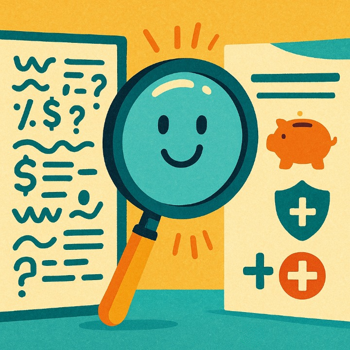 An illustrative cartoon showing a magnifying glass clarifying a confusing insurance document. The jargon is transformed into simple icons representing key insurance terms like premium and coverage, symbolizing the process of understanding your policy.
