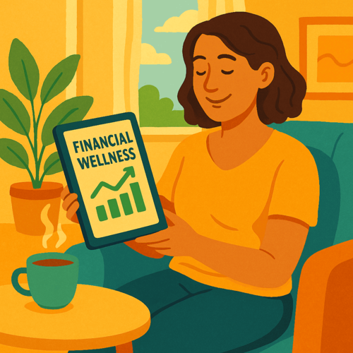 A serene image of a person sitting in a bright, comfortable living room, calmly reviewing their finances on a tablet. The tablet shows a simple, positive dashboard, and the person's relaxed expression conveys a sense of peace and control. This visual illustrates the article's theme of achieving financial wellness and reducing money-related stress for better overall health.