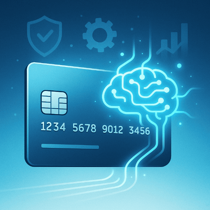 An illustrative image of a credit card with digital data streams flowing from its chip, symbolizing how Artificial Intelligence (AI) powers its features like security, personalization, and credit analysis.