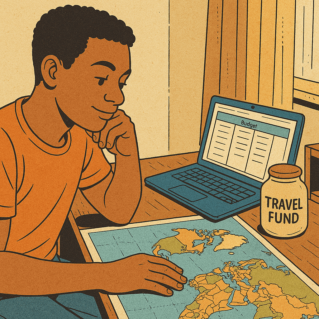A student sits at a desk, planning a trip by looking at a world map, with a laptop showing a budget and a "Travel Fund" jar nearby. The image represents the process of financial planning for student travel.