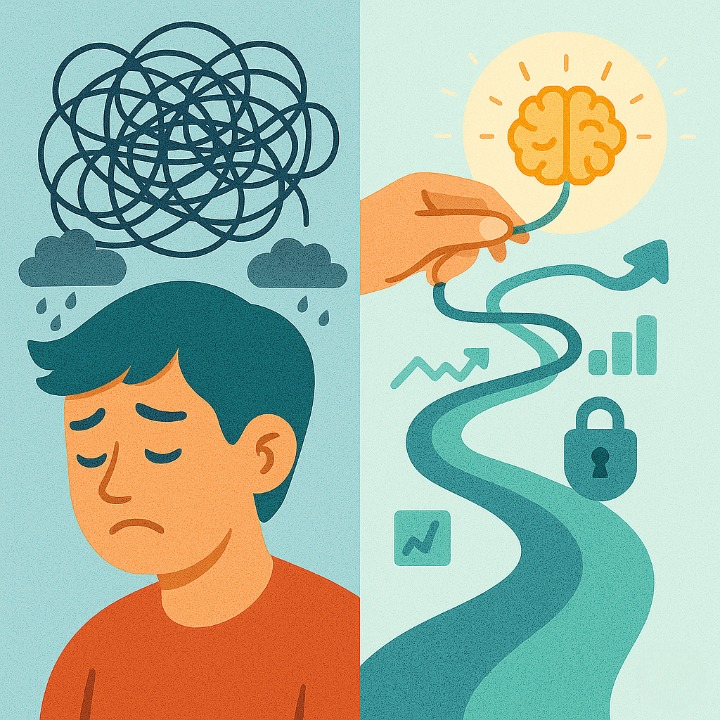 An illustrative drawing symbolizing the connection between financial and mental health. It shows a person's chaotic, stressed thoughts being untangled into a clear, calm path, representing how managing finances can lead to mental clarity and well-being.