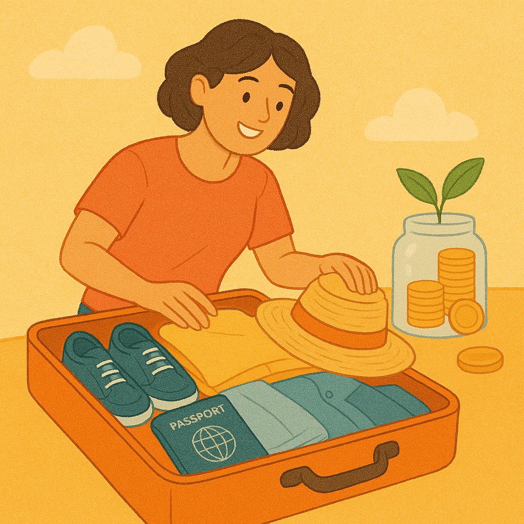 An illustration of a person happily packing a suitcase for a trip, surrounded by symbols of smart financial planning and savings, representing a well-budgeted and prepared travel adventure.