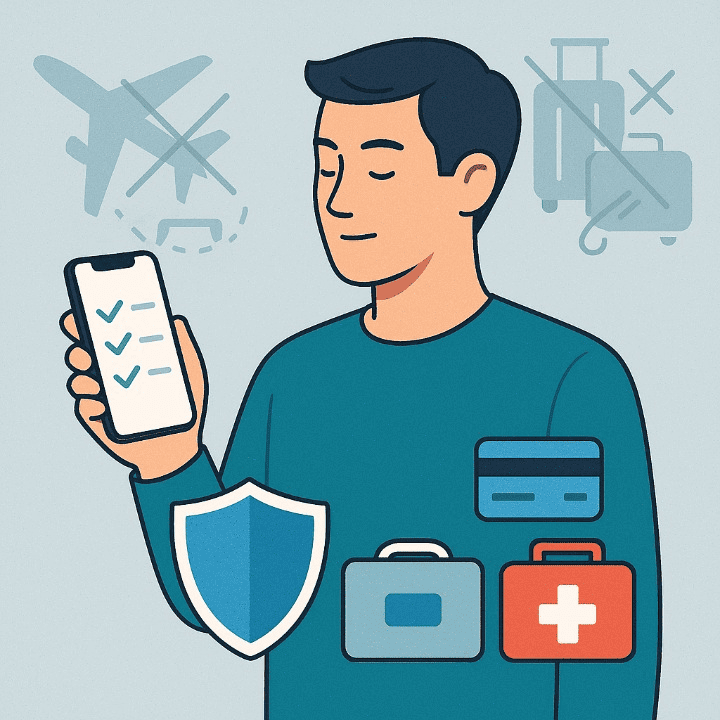 An illustrative image about handling travel emergencies. A calm person uses a checklist on their phone to manage chaotic travel problems, with icons for insurance and a credit card symbolizing their preparedness and control.