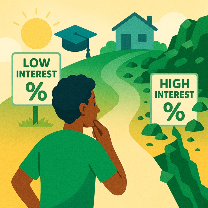 An illustration showing a student choosing between a smooth path with a low interest rate and a difficult path with a high interest rate, symbolizing the importance of financial decisions.