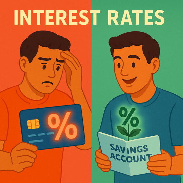 An illustrative split-screen image about understanding interest rates. The left side shows a person worried about a credit card with a red interest rate symbol. The right side shows the person happy with a savings account that has a green interest rate symbol and a plant growing from it, symbolizing financial growth.