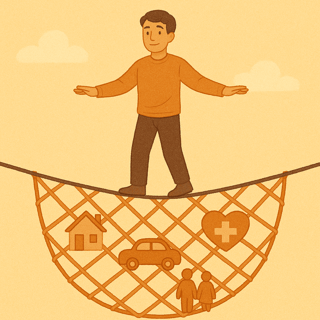 An illustration of a person confidently walking a tightrope, supported by a multi-faceted safety net composed of symbols representing different types of insurance (home, auto, health, life), signifying financial security and peace of mind.