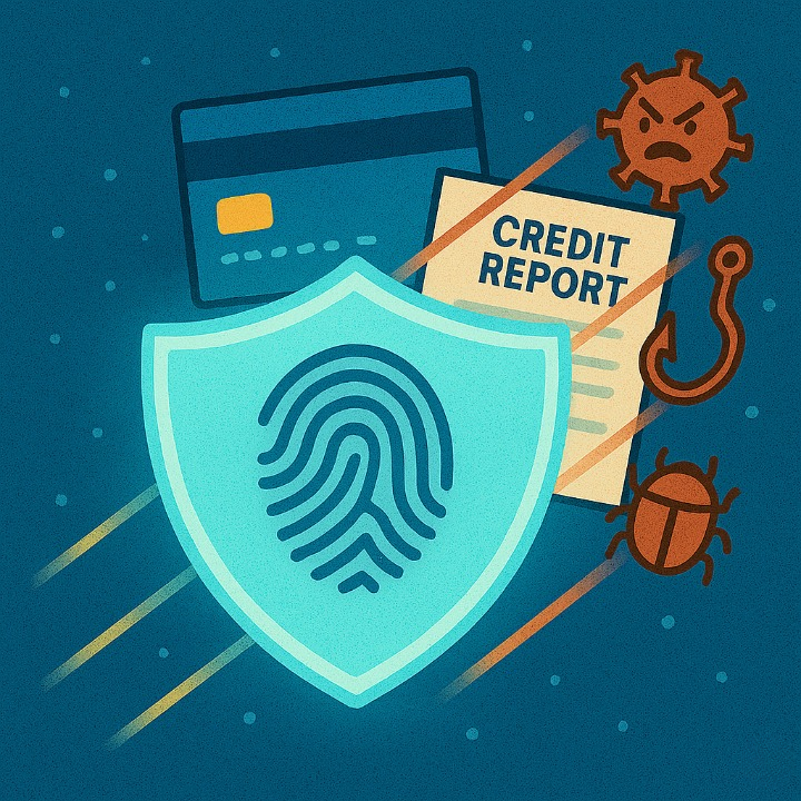An illustrative image symbolizing financial protection from identity theft. A digital shield safely protects a credit card and credit report from online threats like viruses and phishing scams, representing online security.