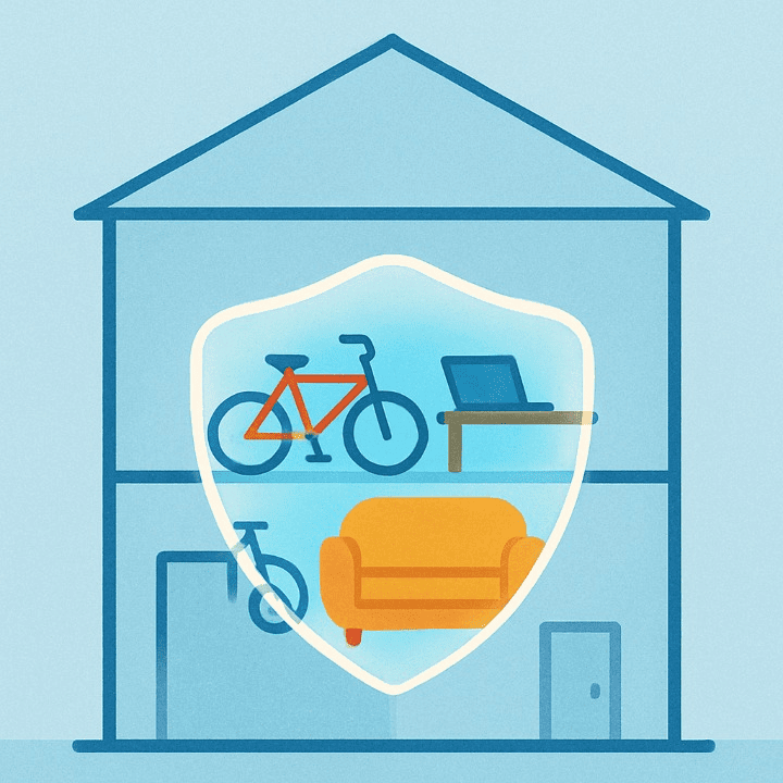 An illustrative image explaining renter's insurance. It shows the contents of an apartment, like furniture and electronics, protected by a bubble shield, separate from the building's structure, symbolizing personal property coverage.