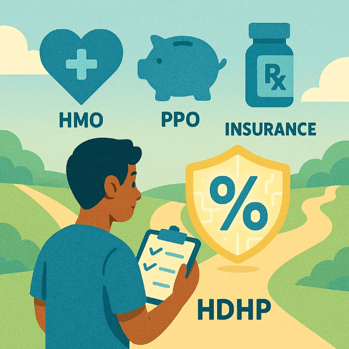 An illustrative image of a person choosing a health insurance plan. They are at a fork in the road with paths labeled HMO and PPO, symbolizing the decision-making process for healthcare and financial well-being.