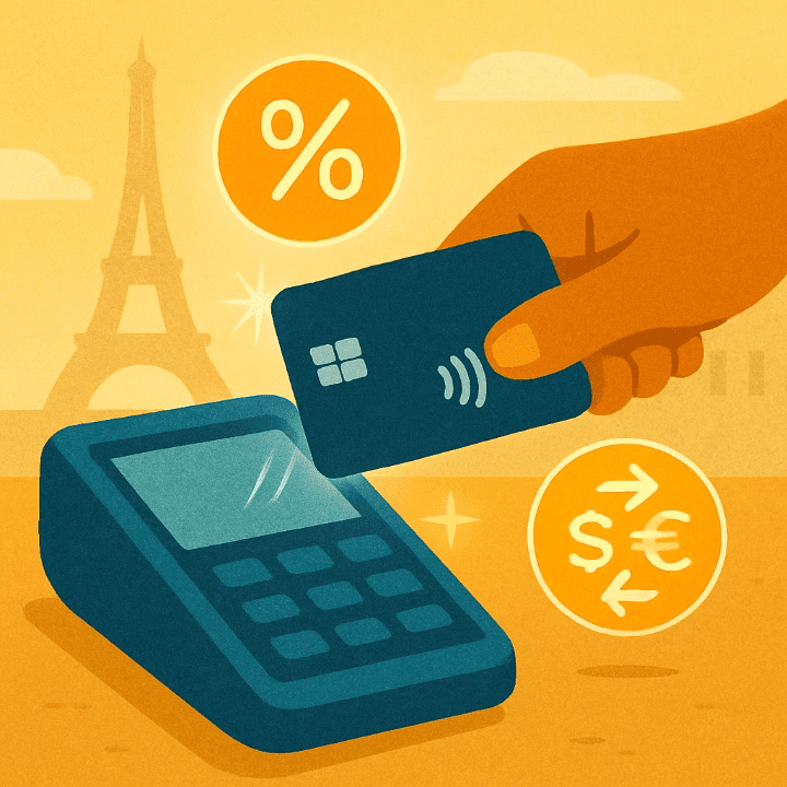 An illustrative image of a person using a credit card for an international transaction. The image includes icons that represent avoiding fees and getting a good exchange rate, symbolizing smart travel finance.