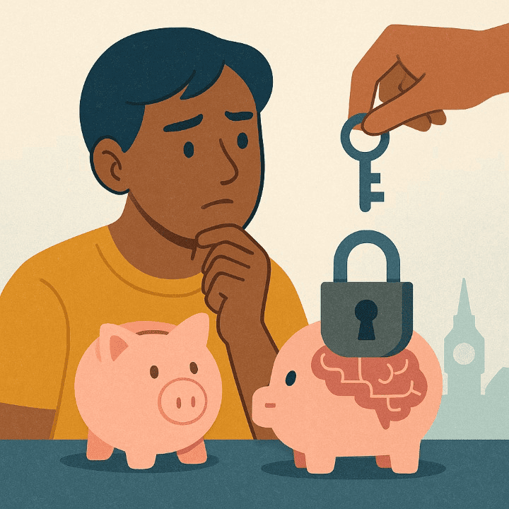 A symbolic illustration representing financial abuse. A person looks at a locked piggy bank while another hand holds the key, symbolizing the lack of access and control over one's own finances.