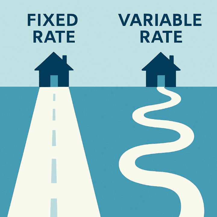 An illustrative image comparing a fixed vs. variable interest rate. A straight, stable path represents a fixed rate, while a wavy, fluctuating path represents a variable rate, both leading to a financial goal.