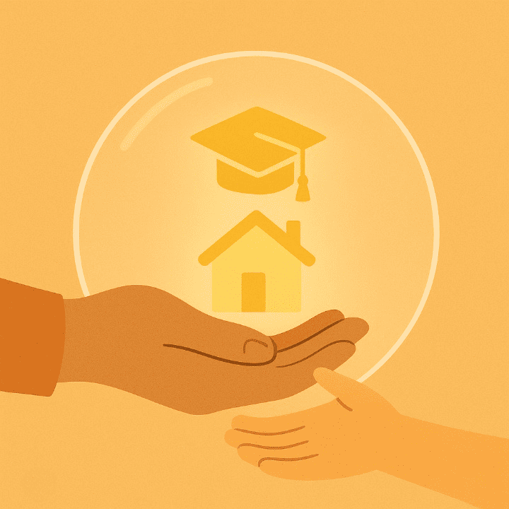 A symbolic illustration of life insurance's purpose. A parent's hand passes icons of a home and education to a child's hand, all within a protective shield, representing the financial security provided to loved ones.