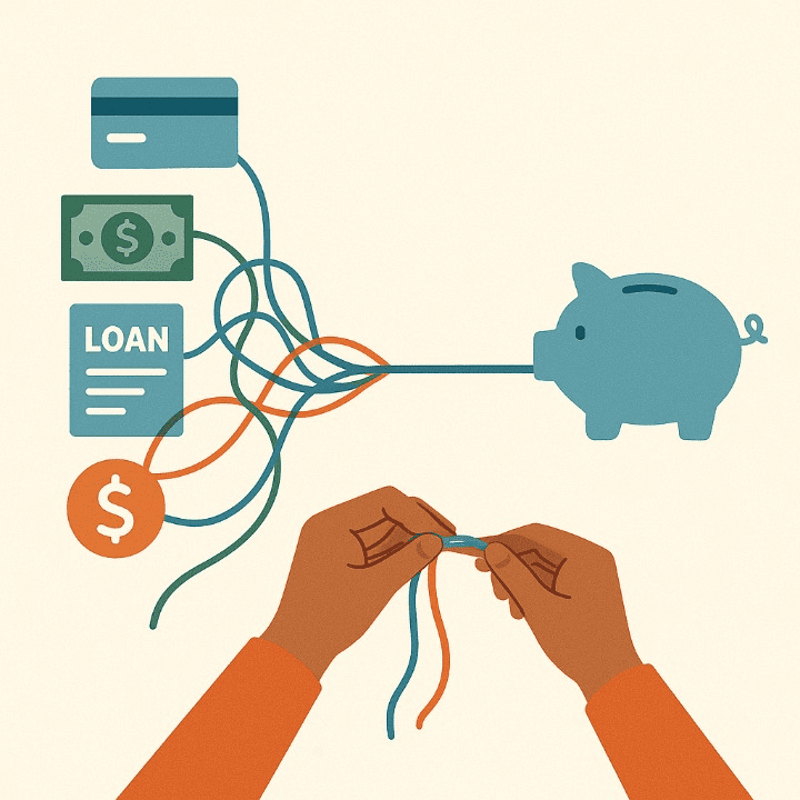 An illustrative image symbolizing debt consolidation. Tangled threads representing multiple debts are being combined into a single, organized cord, showing the process of simplifying finances.