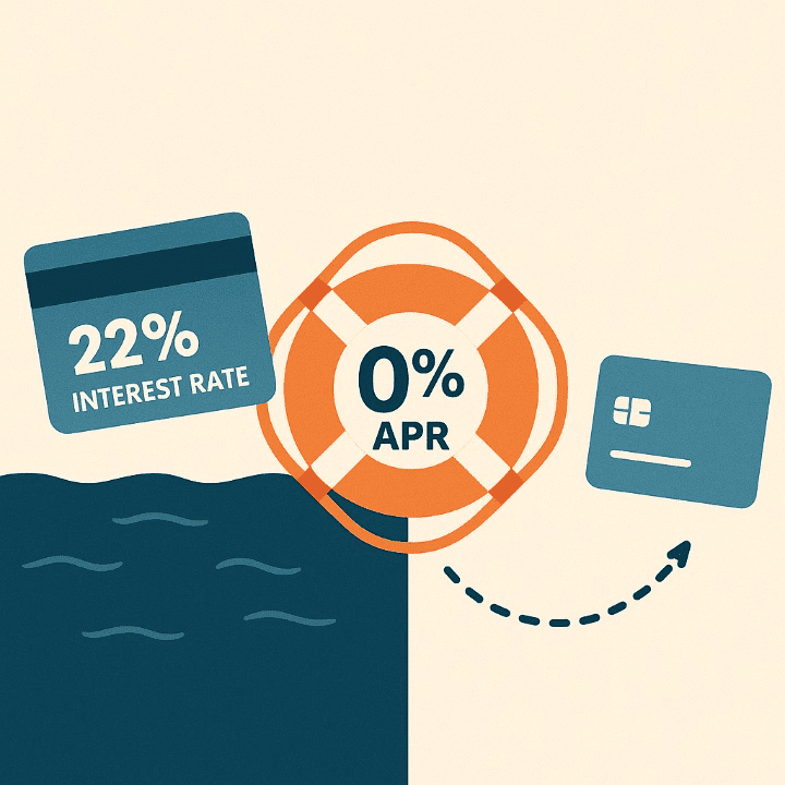 An illustrative image symbolizing a credit card balance transfer. A lifebuoy labeled '0% APR' is shown rescuing a sinking credit card that represents high-interest rate debt, illustrating a strategic financial move.
