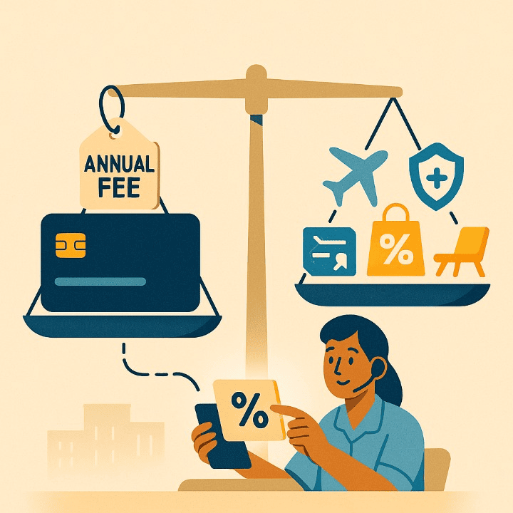 An illustrative image of a scale weighing the cost of a credit card annual fee against its benefits. The benefits side, with icons for travel, insurance, and rewards, outweighs the fee, symbolizing a worthwhile value proposition.