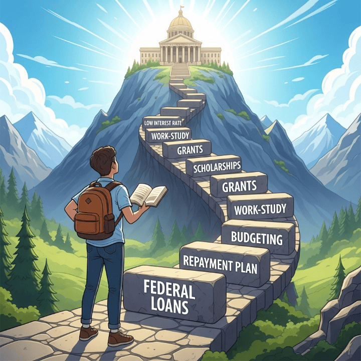 An illustration of a student on a path to a university, with the path's stones labeled with student loan terms. This symbolizes a clear and manageable journey through the student loan process.