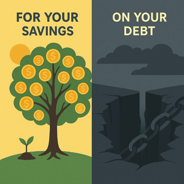 An illustrative image showing the two sides of compound interest. On one side, a tree grows from a seed, representing wealth. On the other, a chasm grows from a crack, representing debt.