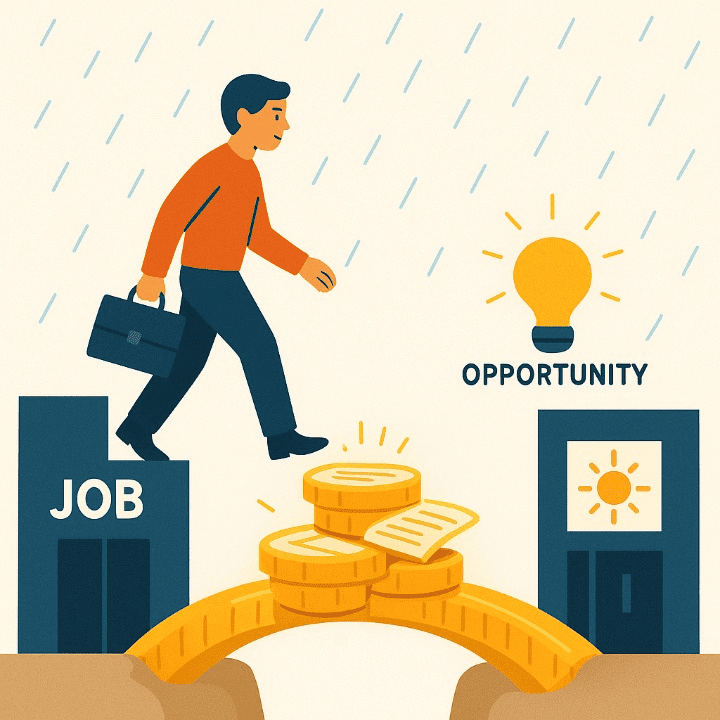 An illustrative image symbolizing financial planning for job loss. A person walks confidently across a secure bridge made of money from their old job to a new opportunity, representing a safe financial transition.