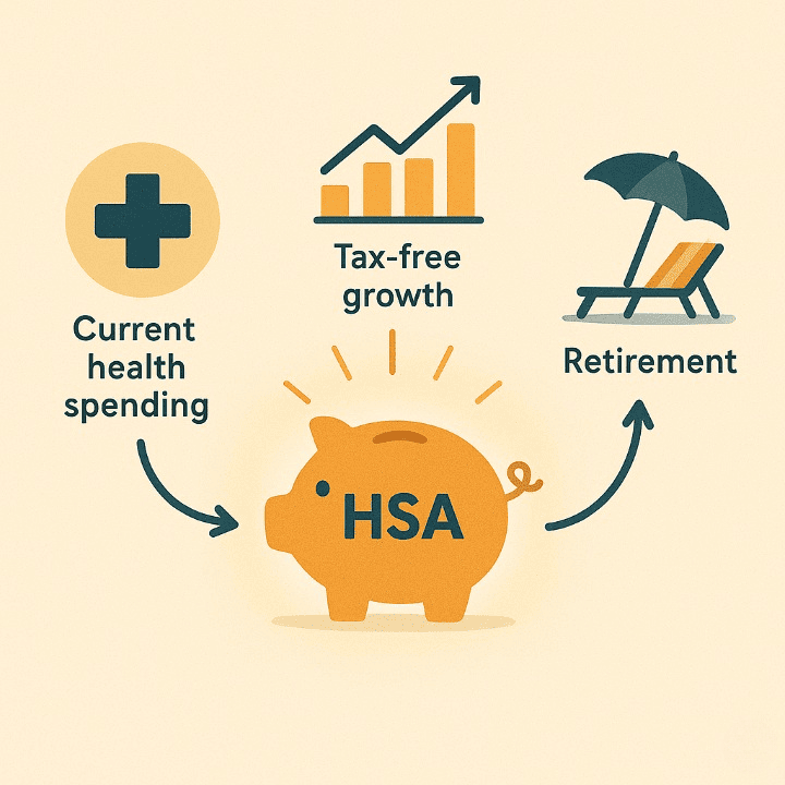 An illustrative image explaining the benefits of a Health Savings Account (HSA). A central HSA icon branches out to show its uses for current health spending, long-term investment growth, and retirement.