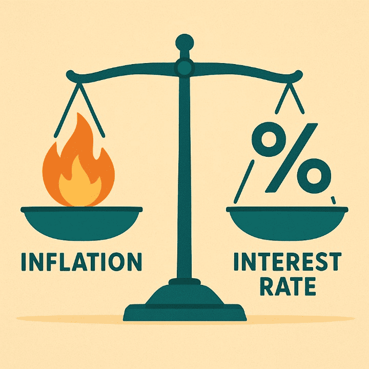 An illustrative image of a scale balancing a flame icon (Inflation) against a percentage sign icon (Interest Rate). This symbolizes the relationship between inflation and interest rates in the economy.