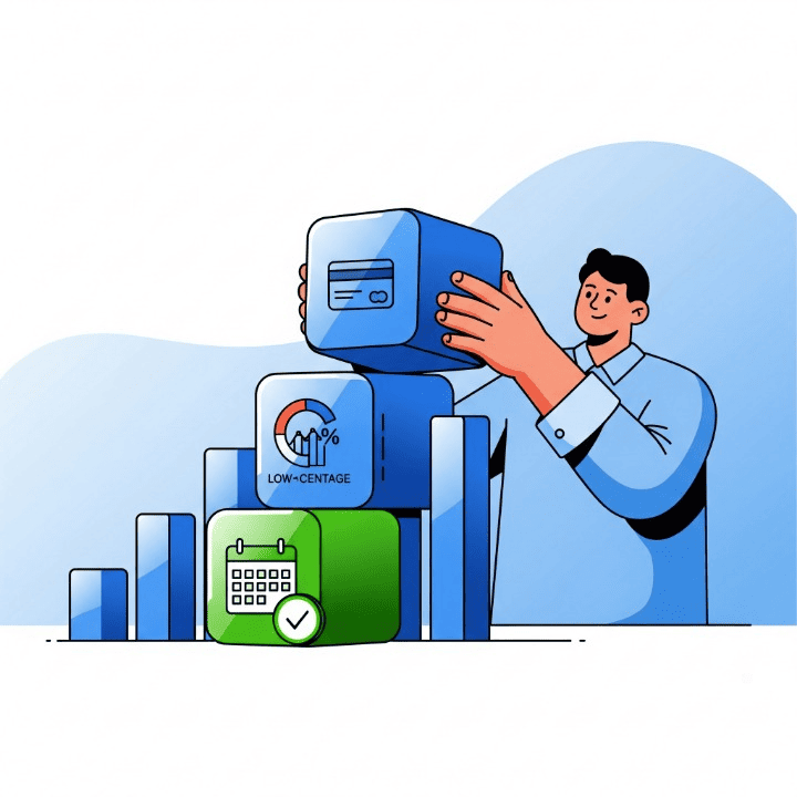 An illustrative image about building credit. A person stacks blocks labeled with icons for on-time payments and low utilization, building a rising graph that represents an improving credit score.
