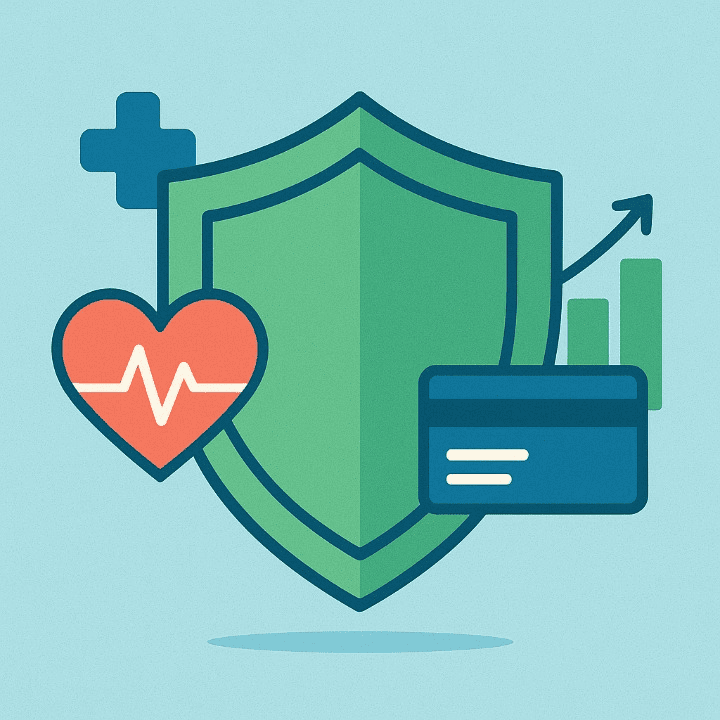An illustrative, square drawing symbolizing financial protection. A central shield is flanked by a medical cross icon, representing health insurance, and a credit card icon with a graph, representing strong credit. The overall theme is securing one's financial well-being.