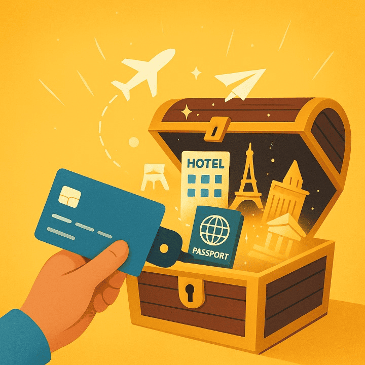 An illustrative image symbolizing travel hacking. A credit card is used as a key to unlock a treasure chest filled with travel icons like airplanes and landmarks, representing how credit card rewards can unlock travel.