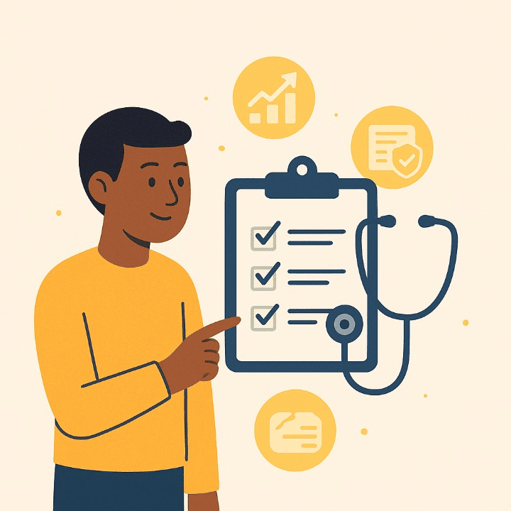 An illustrative image of a financial health check-up. A person reviews a financial checklist with a stethoscope, surrounded by icons for savings, credit, and net worth, symbolizing a review of one's financial well-being.