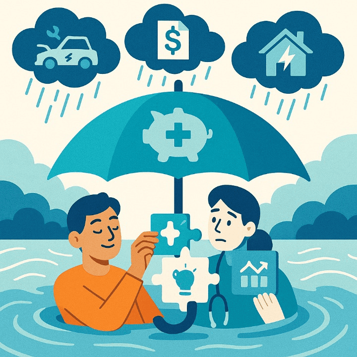 An illustrative image symbolizing an emergency fund. A person is protected from financial storms, like unexpected health bills or car repairs, by a large umbrella shaped like a piggy bank, representing financial security.