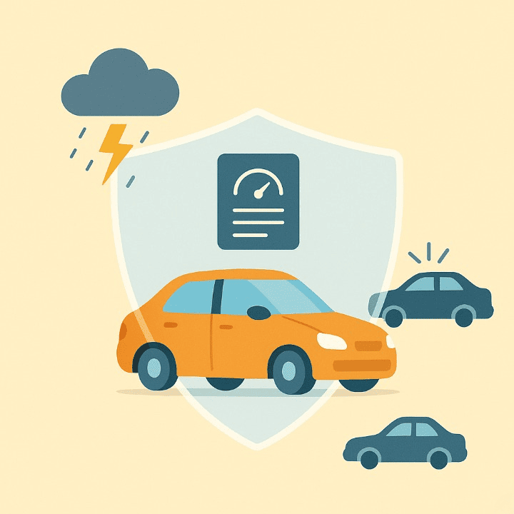 An illustrative image of a car protected by an insurance shield from risks like accidents and storms. An icon of a good credit report is also visible, symbolizing how insurance and credit work together for financial protection.