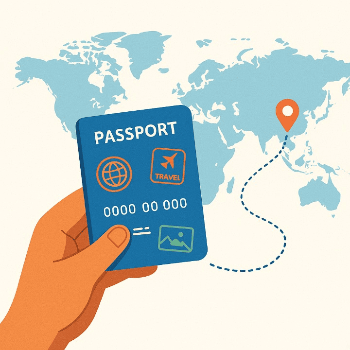 An illustrative image of a hand holding a travel credit card that looks like a passport. A path is traced from the card across a world map, symbolizing how the card and its rewards can unlock travel.