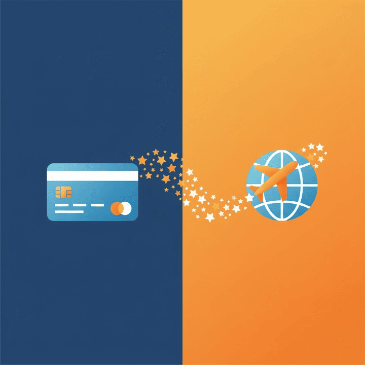 An illustration symbolizing travel hacking. A stream of stars flows from a credit card and becomes an airplane flying around a globe, representing how to use a credit card to finance travel.
