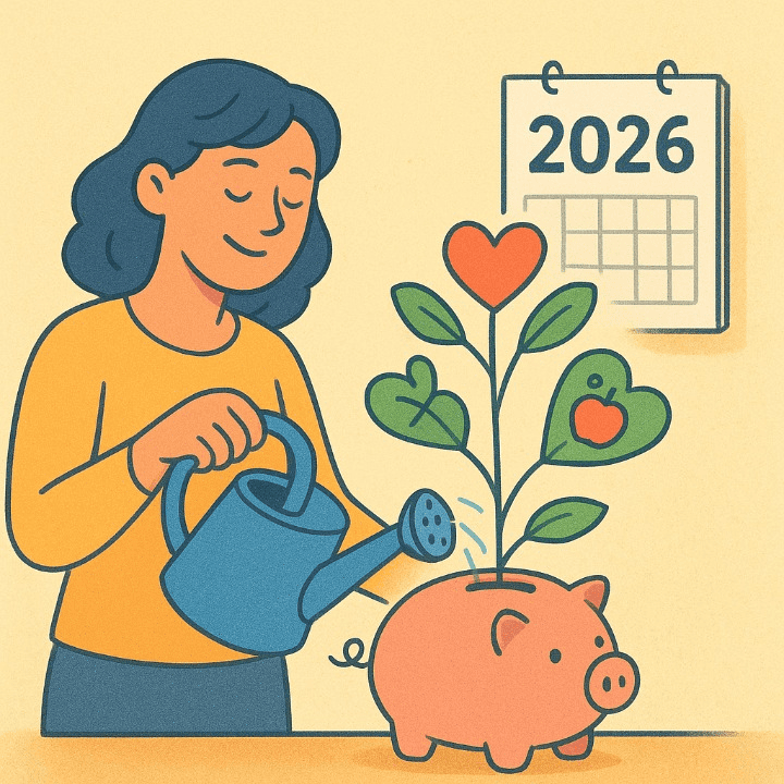 An illustrative drawing of a person watering a healthy plant growing from a piggy bank. The plant's leaves are shaped like hearts and health icons, symbolizing a financial investment in one's health and well-being for the future.