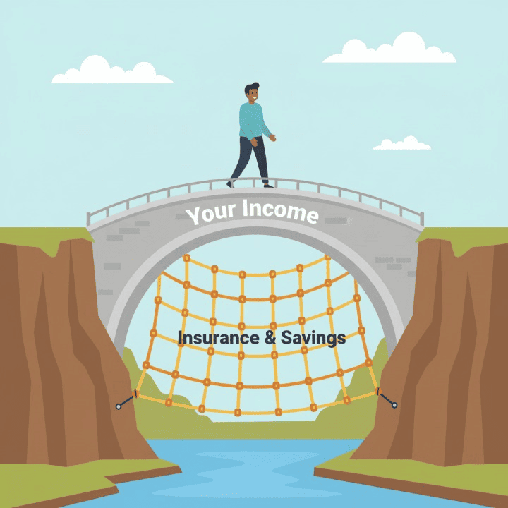 An illustrative drawing of a person walking on a bridge labeled "Your Income." Below the bridge is a strong safety net labeled "Insurance & Savings," symbolizing how a financial safety net provides income protection against unexpected life events.