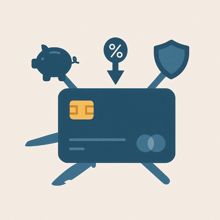 An illustrative drawing of a credit card designed as a multi-tool. Different tools are emerging from it, with icons for rewards, low-interest financing, and insurance, symbolizing the card's many valuable features.