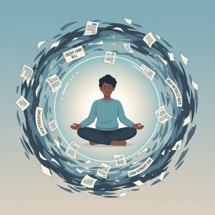 An illustrative drawing of a person meditating peacefully inside a protective bubble, shielded from a storm of papers labeled with financial stressors like "Credit Card Bill." The image symbolizes finding mental health and peace by managing financial stress.